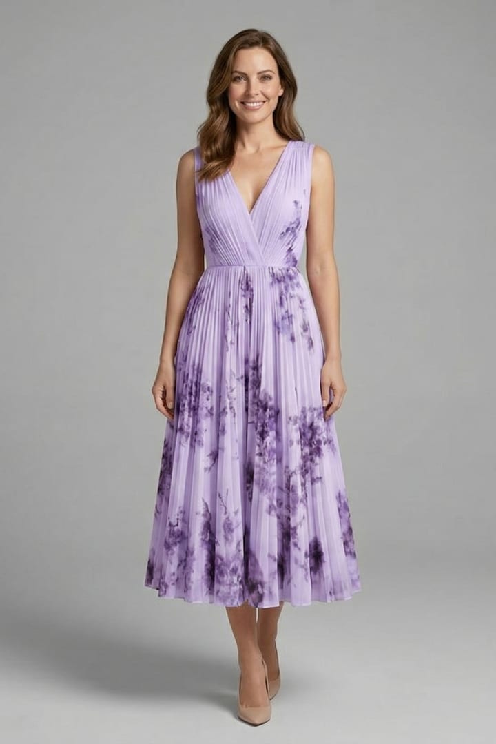 Calla Floral Pleated V-Neck Midi Dress