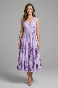 Calla Floral Pleated V-Neck Midi Dress