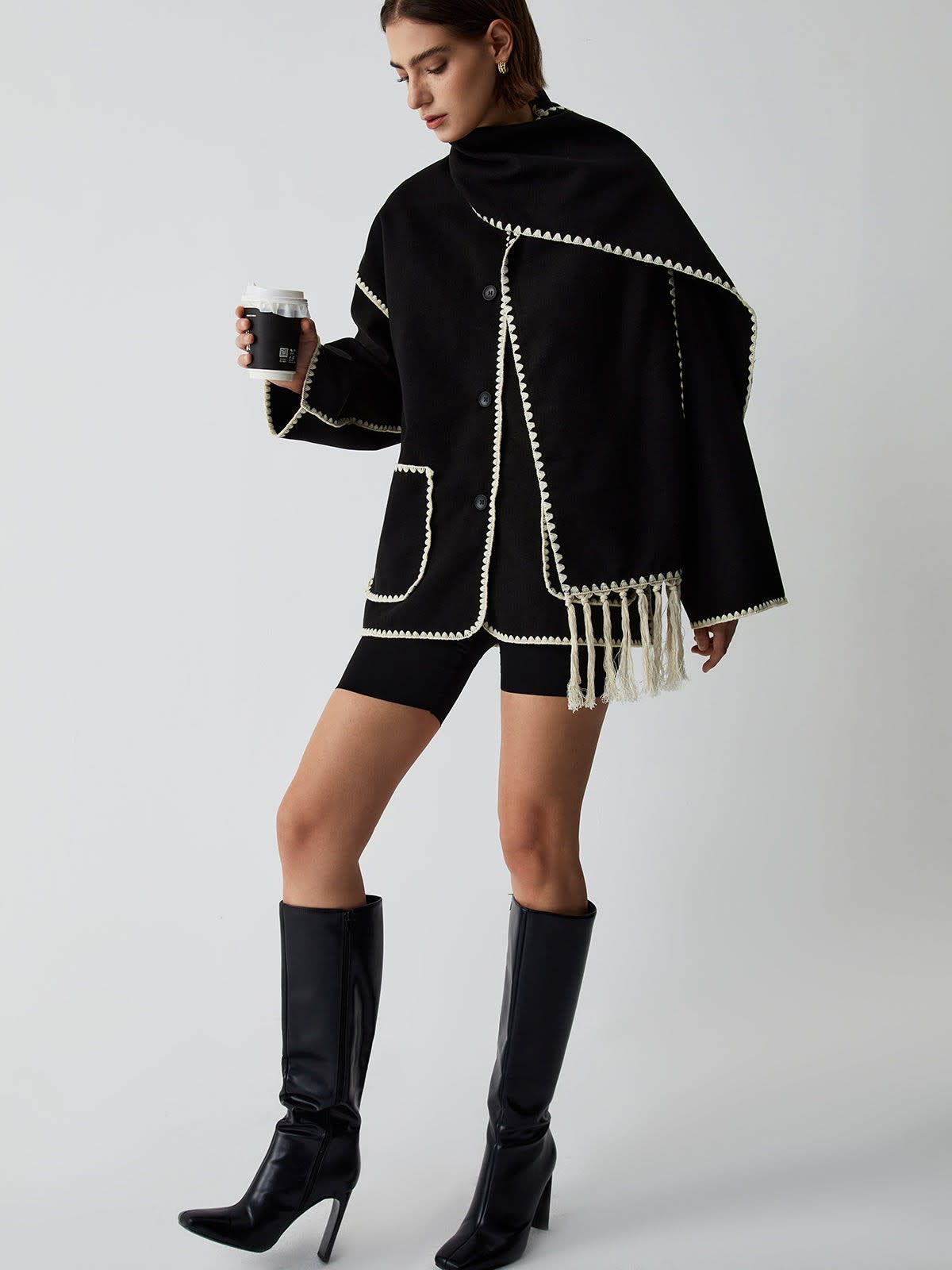 Rana Contrast Trim Tailored Jacket with Scarf_3