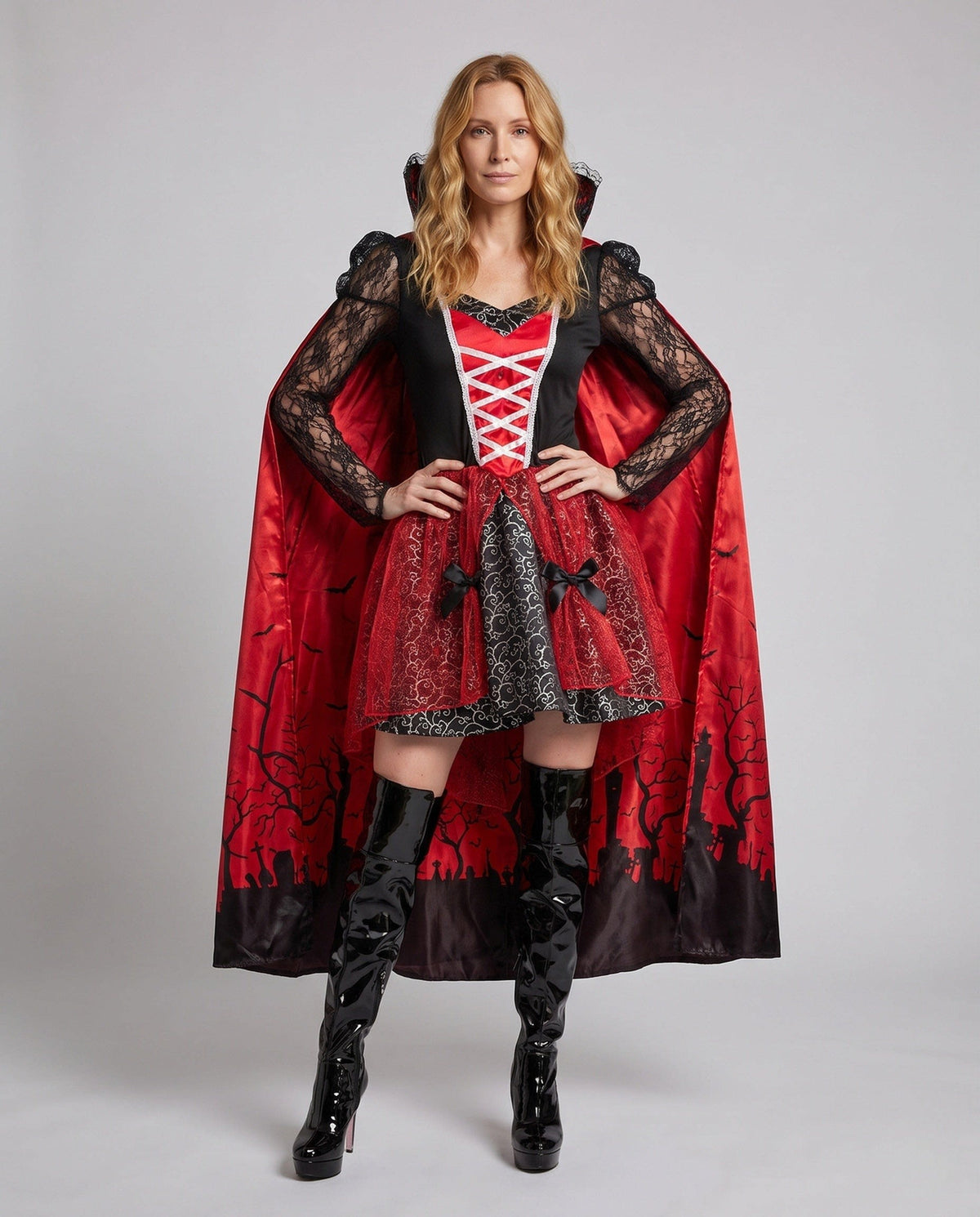 Lydia Vampire Costume Lace Sleeve Dress with Satin Cape