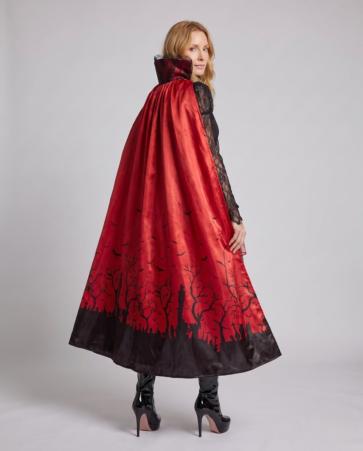 Lydia Vampire Costume Lace Sleeve Dress with Satin Cape