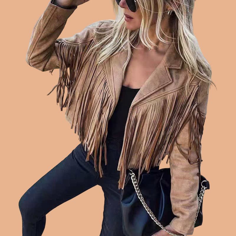 Xanthia Cropped Faux Suede Fringe Jacket