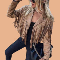 Xanthia Cropped Faux Suede Fringe Jacket