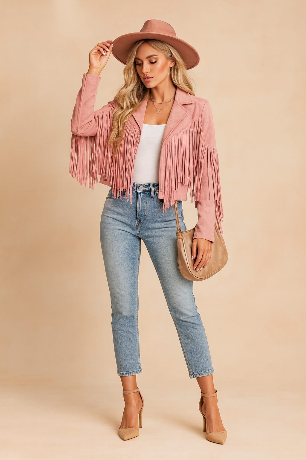 Xanthia Cropped Faux Suede Fringe Jacket_4