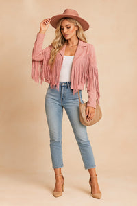 Xanthia Cropped Faux Suede Fringe Jacket
