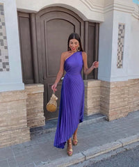 Alba Wedding Guest One-Shoulder Asymmetric Pleated Midi Dress