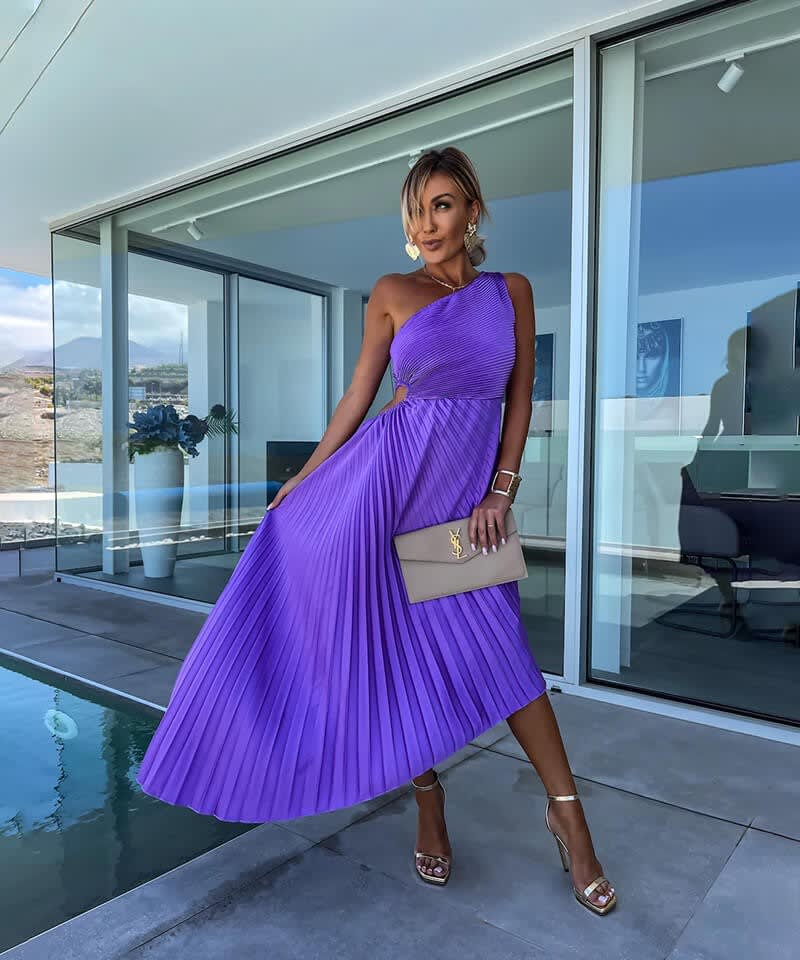 Alba Wedding Guest One-Shoulder Asymmetric Pleated Midi Dress