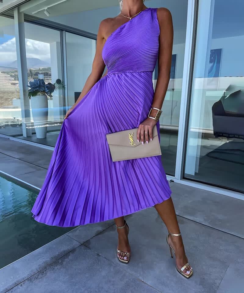 Alba Wedding Guest One-Shoulder Asymmetric Pleated Midi Dress_3