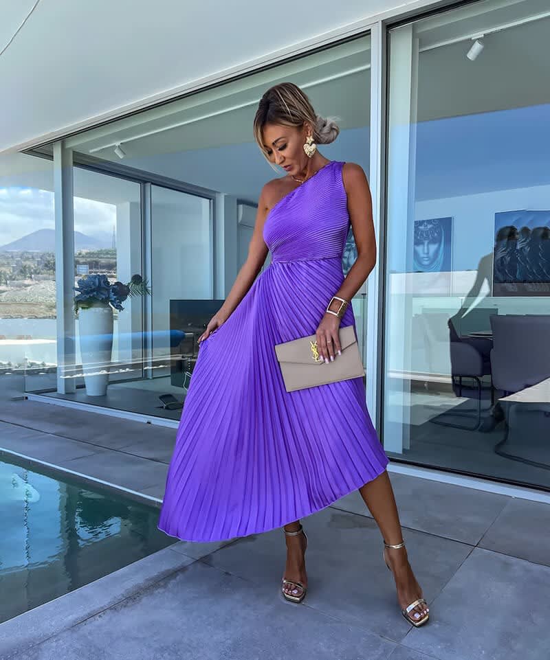 Alba Wedding Guest One-Shoulder Asymmetric Pleated Midi Dress_4