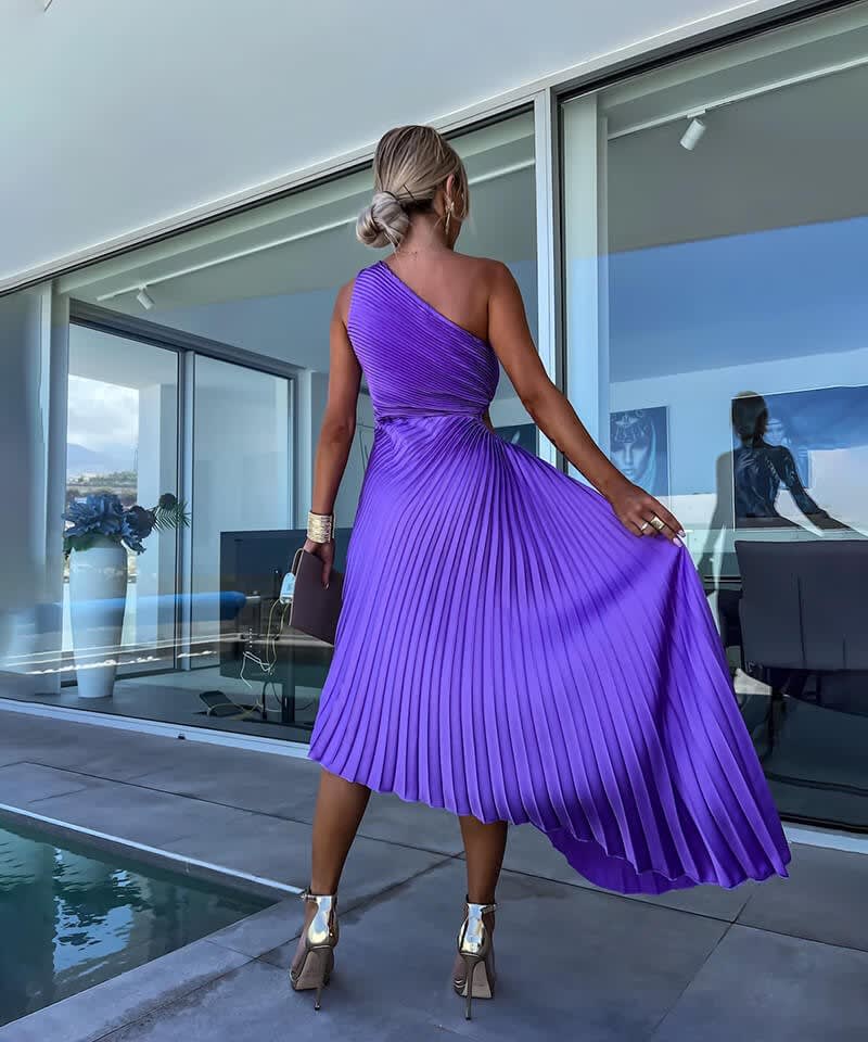 Alba Wedding Guest One-Shoulder Asymmetric Pleated Midi Dress_5
