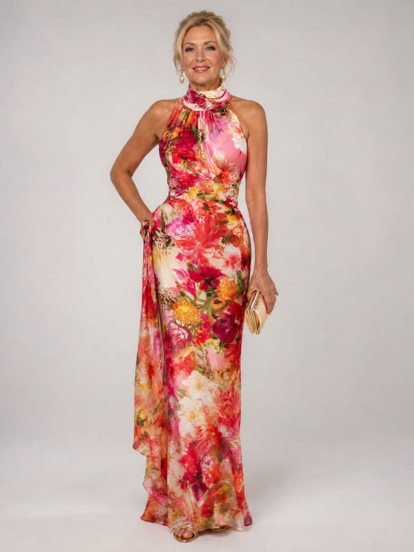 Meredith Floral Halter Wedding Guest Maxi Dress